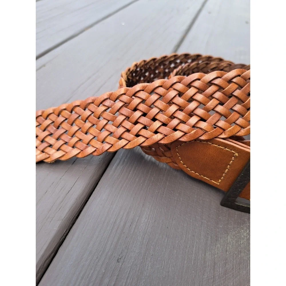 Women's Genuine Leather Brown Woven Braided Square Bronze Buckle Belt Size S 38